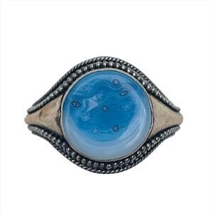 Vintage Space Stars Picture Agate Sterling Silver 18k Yellow Gold Ring Size 7.5